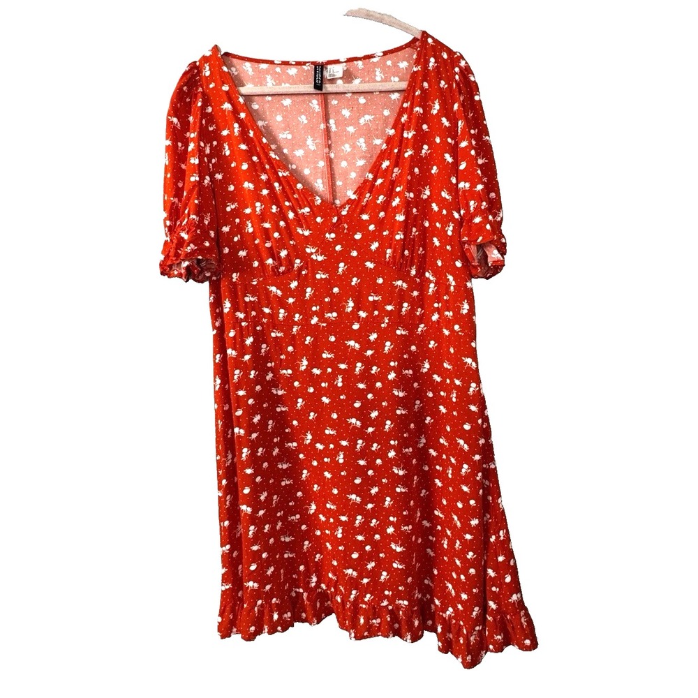 H&M Divided Babydoll Dress Large Red V-Neck Floral Puff Sleeve Cottage Nautical